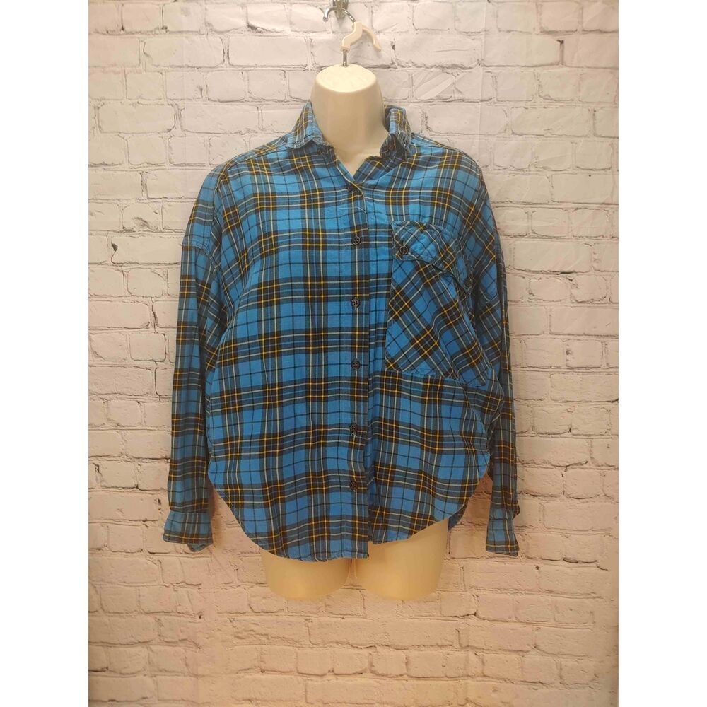 Company One Women's Size Large Blue/Multicolor Plaid Button Down Shirt